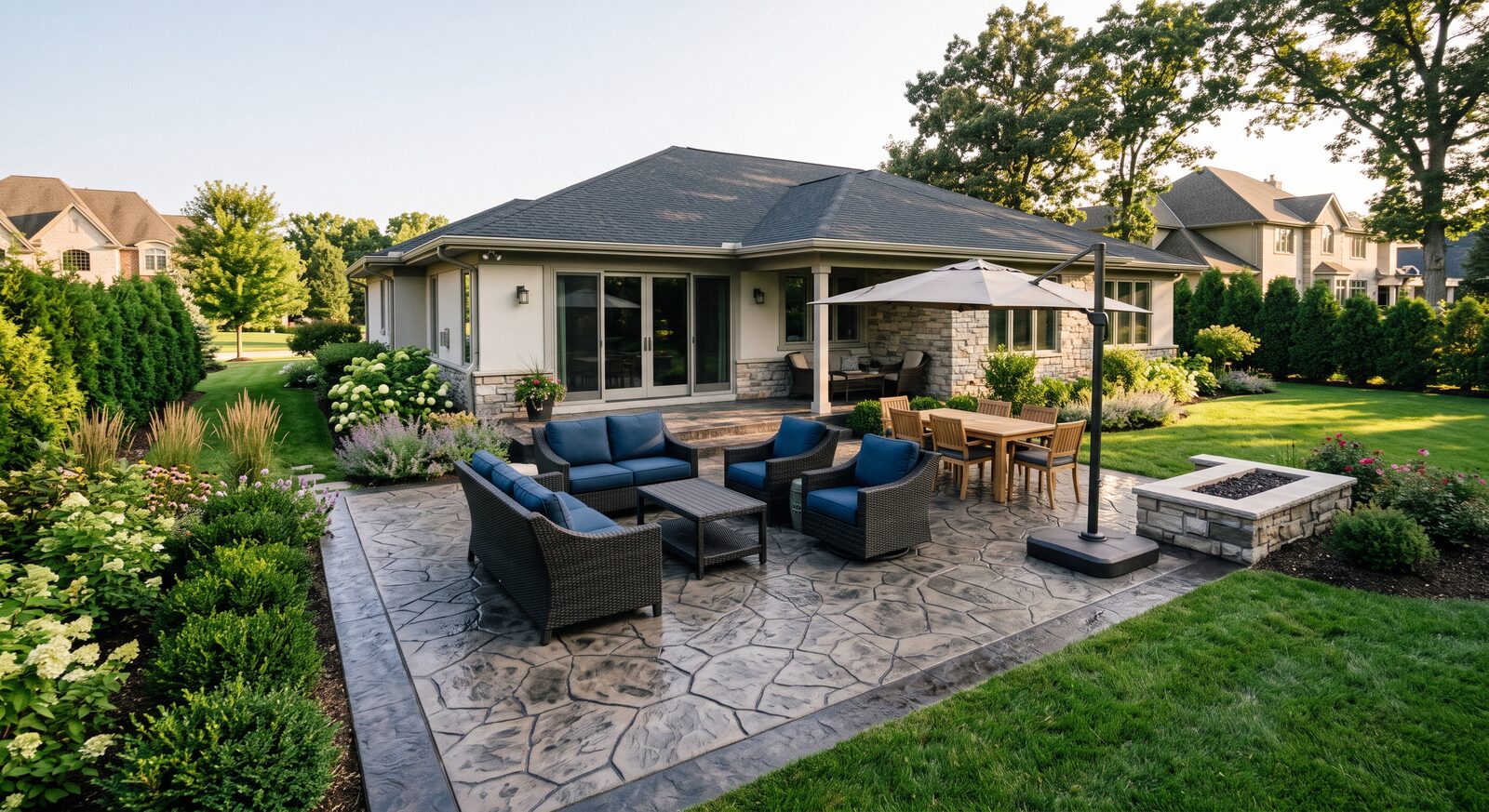 Finished stamped concrete patio with outdoor seating, dining area, and fire pit
