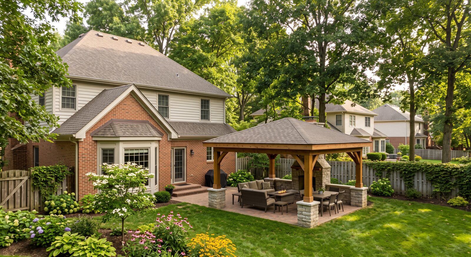 Finished covered backyard pavilion with seating and dining areas