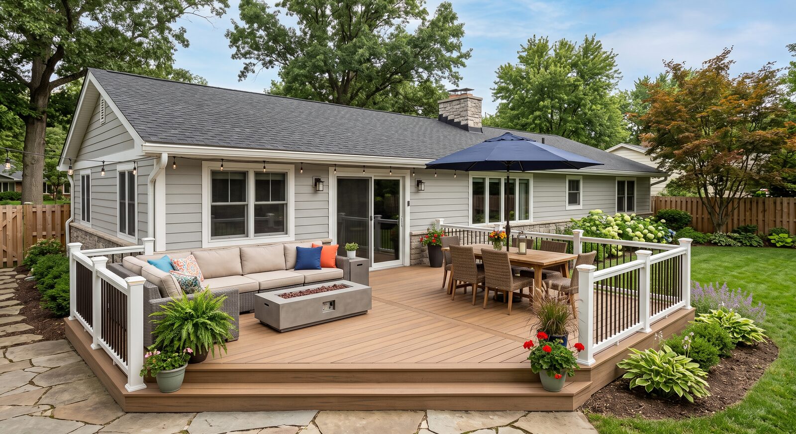 Finished backyard deck with seating, dining area, and railings